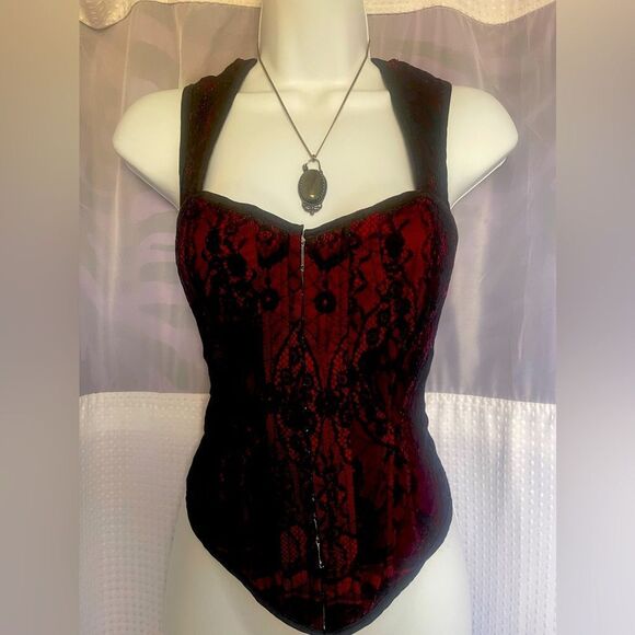 Lip Service Black and Red Lace Corset Tank Hook and Eye closure Lace Up Back - Picture 2 of 9